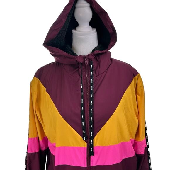 PINK Victoria's Secret Sherpa Lined Hooded Color Block Jacket Oversized Size XS - Picture 3 of 10